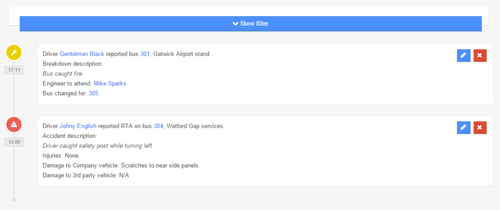 Breakdown and accident entries